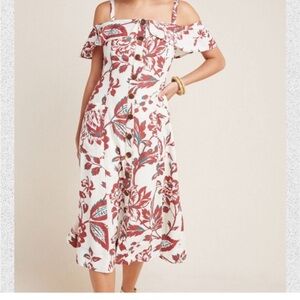 Anthropologie Linen Blend Off Shoulder Floral Midi Dress Size 2